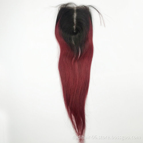 Ombre color hair weave virgin hair lace closure frontal red human hair weave